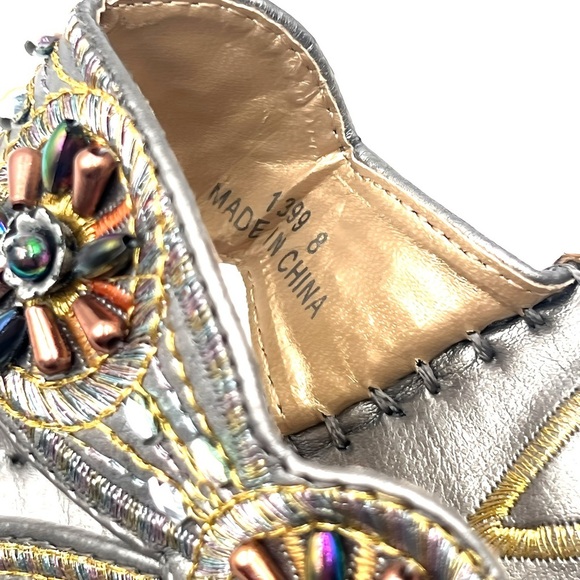 John Fashion Silver Embroidered Beaded Floral Boho Cork Wedge Sandals Size 8 - Picture 10 of 11